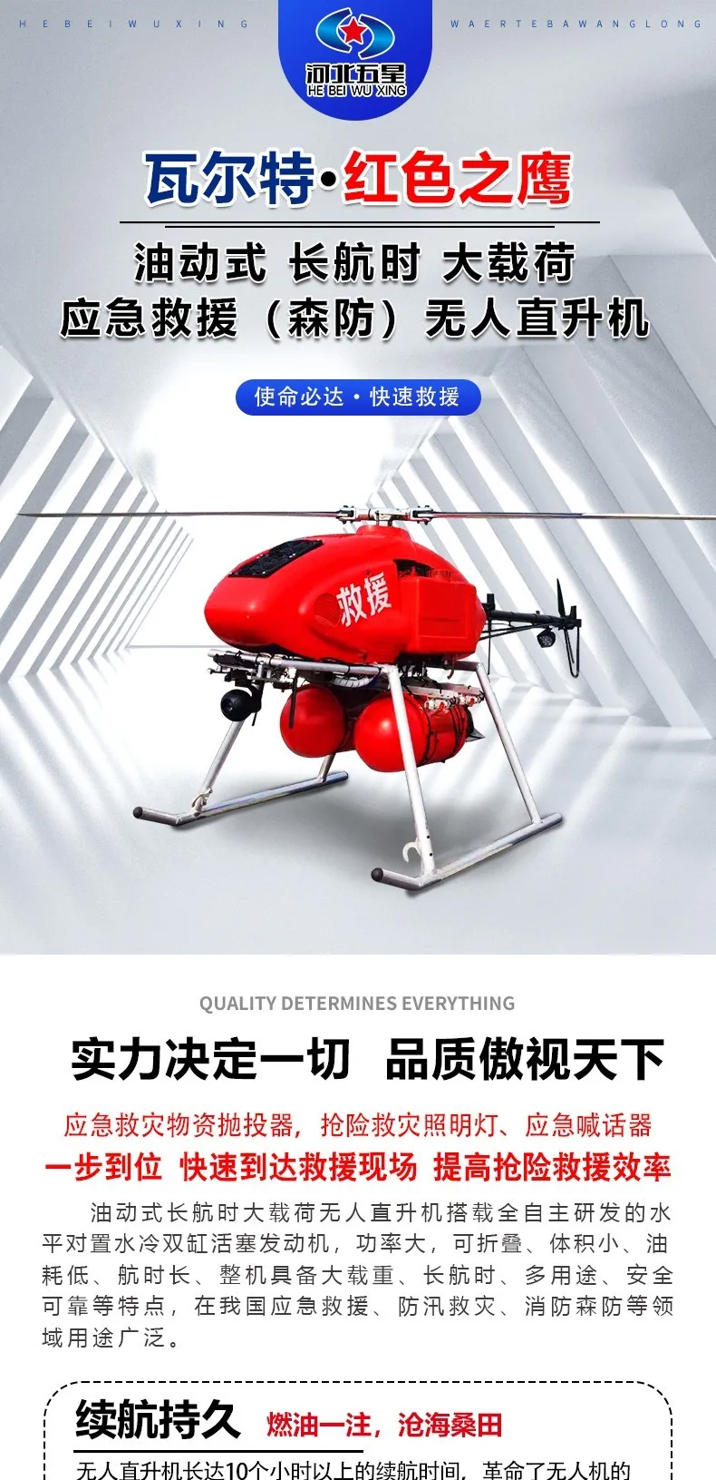 河北五星“瓦爾特·紅色之鷹”油動式大載荷長航時應(yīng)急救援無人直升機(jī)